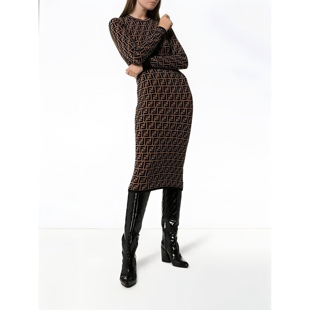 Fendi FF pattern knitted dressbrownlong sleevessize 36.